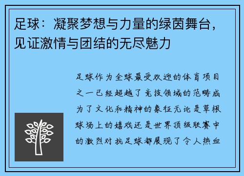 足球：凝聚梦想与力量的绿茵舞台，见证激情与团结的无尽魅力